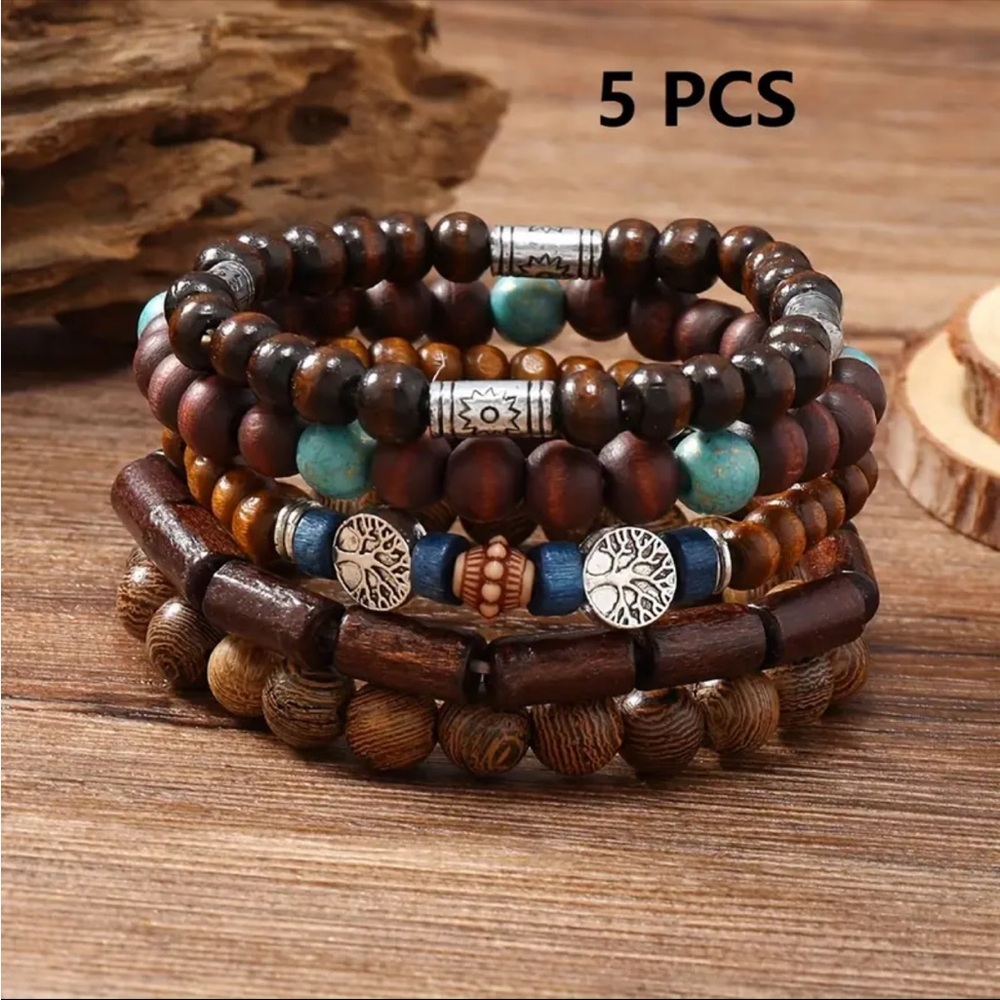 5 Pcs/Set Vintage-Inspired‎ Simple Fashion Elastic Wooden Bead Couple Bracelet
